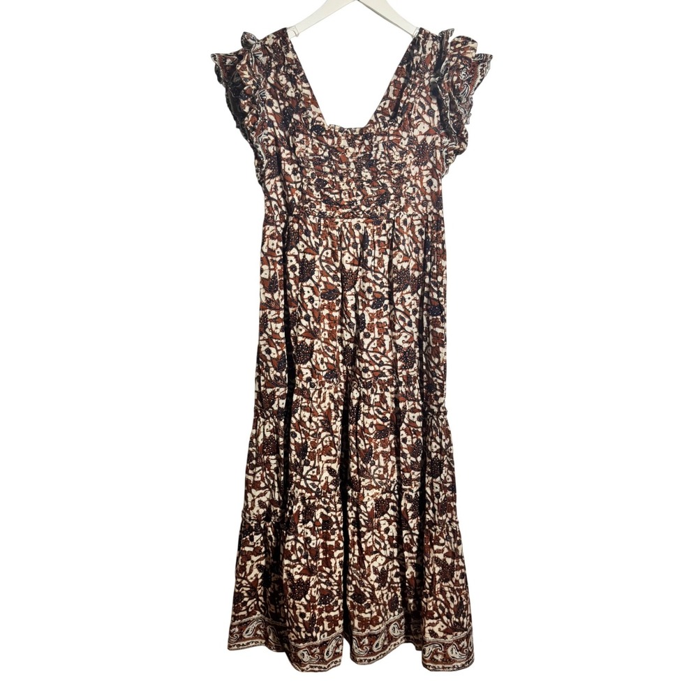 Love The Label Brown Floral Smocked Tiered Cotton Maxi Dress Medium Boho Cottage
